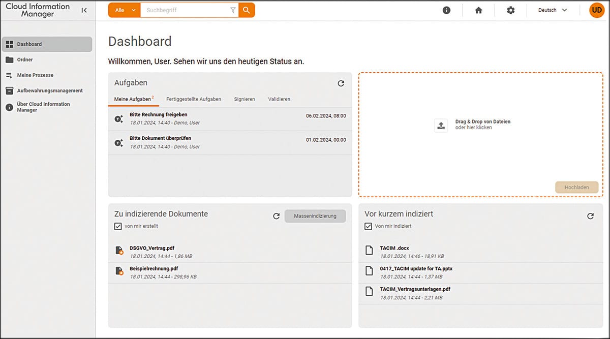 Dashboard des TA Cloud Information Managers (TACIM) für die einfache Dokumentenverwaltung